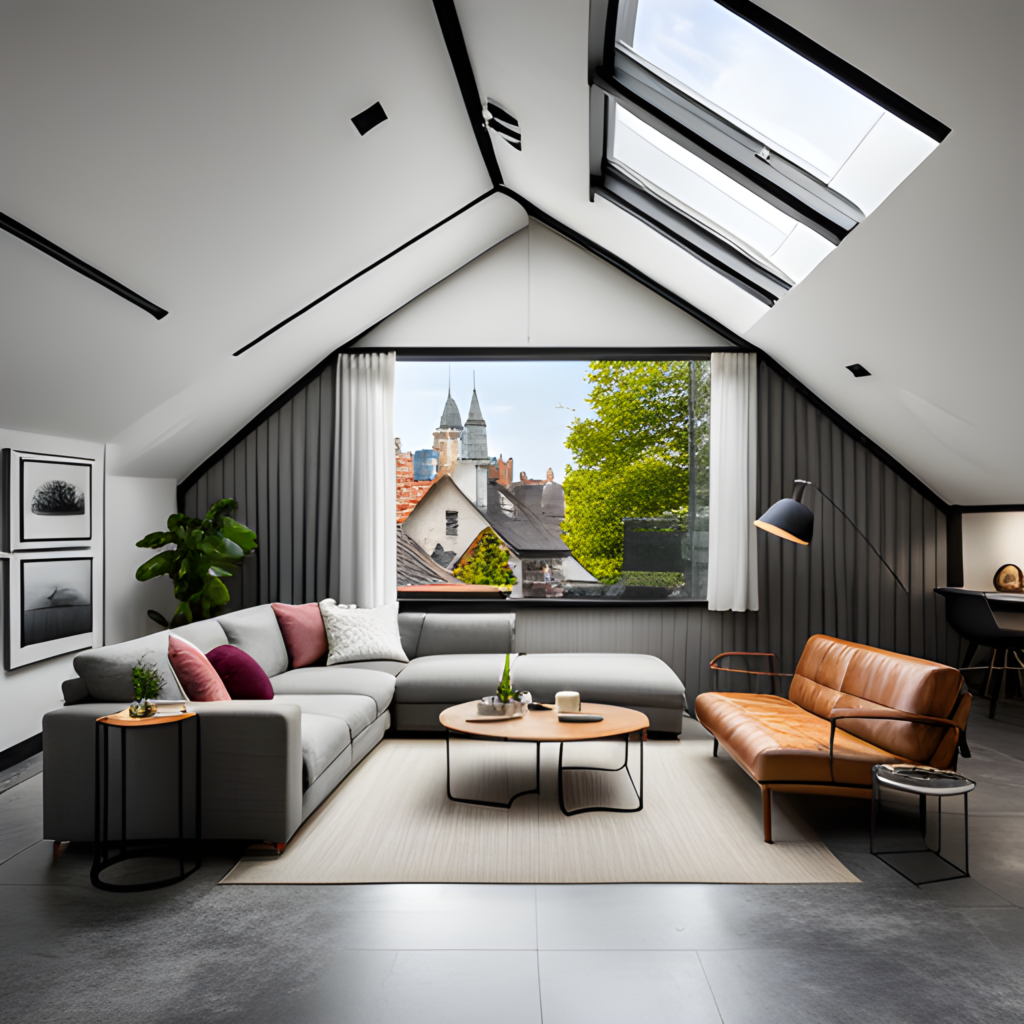 A-captivating-image-showcasing-a-beautifully-transformed-attic--now-serving-as-a-cozy-living-area-with-comfortable-seating--natural-light-streaming-in-through-skylights--and-stylish-decor-