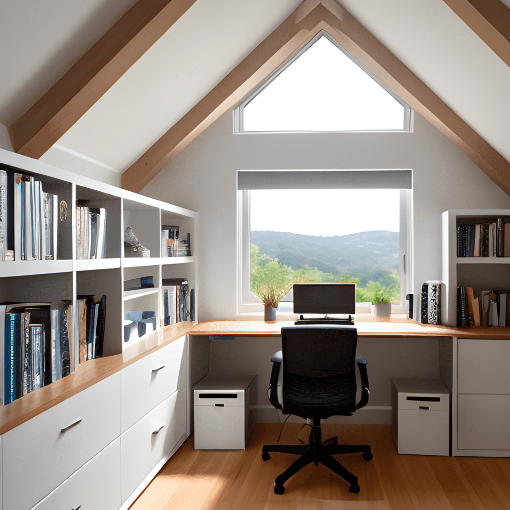 A-visually-appealing-image-of-a-well-designed-home-office-in-an-attic-setting--featuring-a-spacious-desk--ergonomic-chair--shelves-filled-with-books--and-a-large-window-offering-a-picturesque-view--