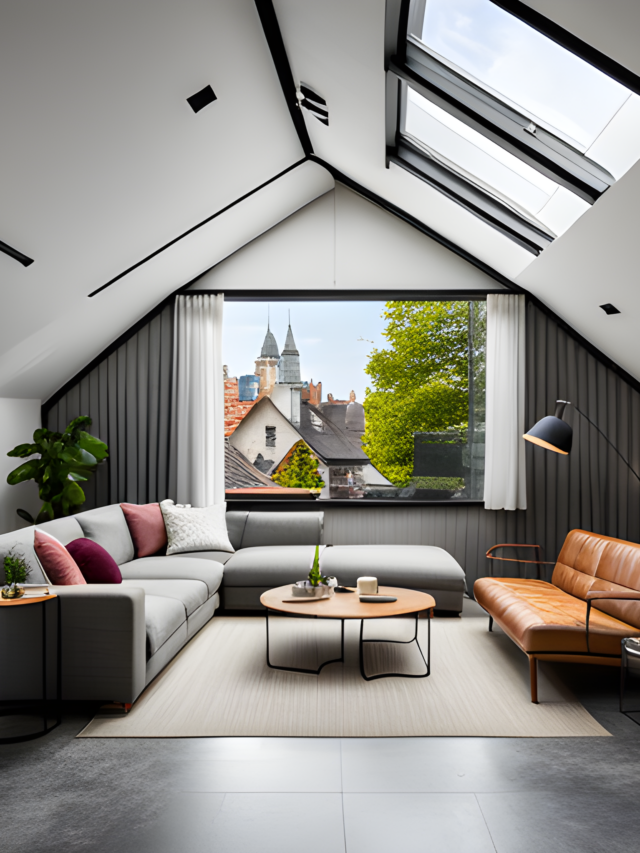 A beautifully transformed attic serving as a cozy living area with comfortable seating natural light streaming in through skylights and stylish decor