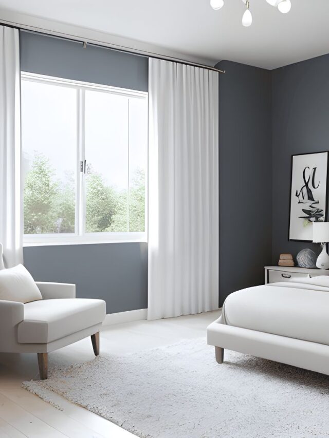 Cropped - Bedroom with Grey Walls, White Curtains, Window Frames and Furniture