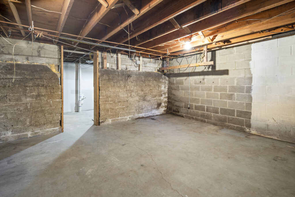 Unfinished Basement with block walls and exposed framed ceiling 