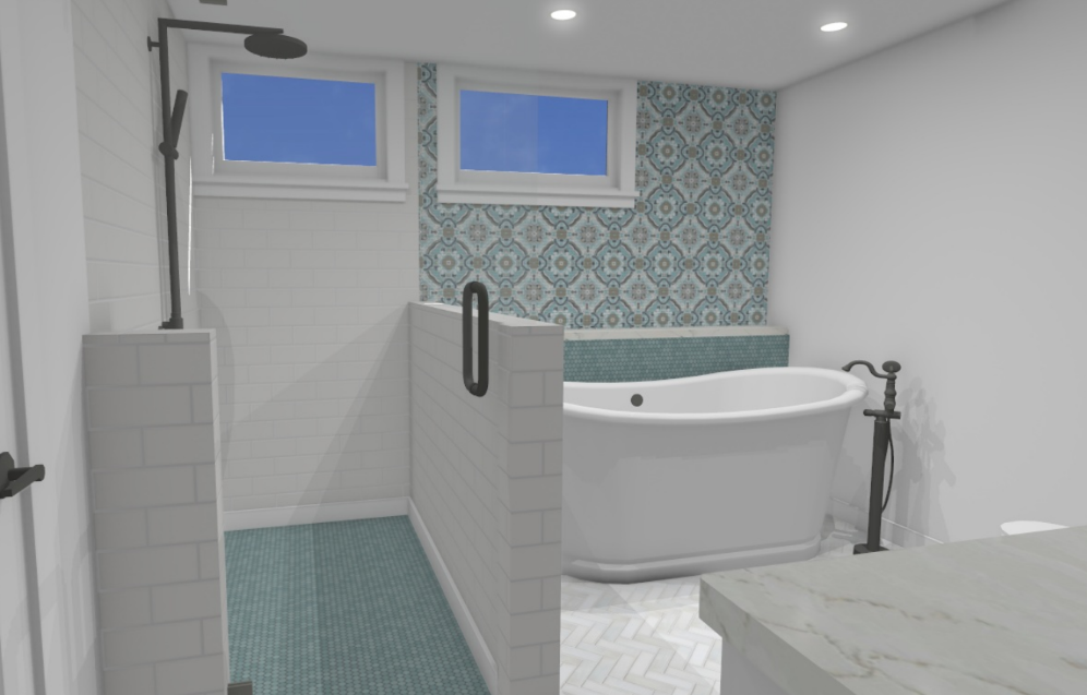 Render of basement bathroom remodel with walk in shower, soaking, tub and blue tile 